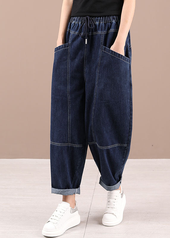Blue Tie Waist Pockets Fall Patchwork Harem Pants