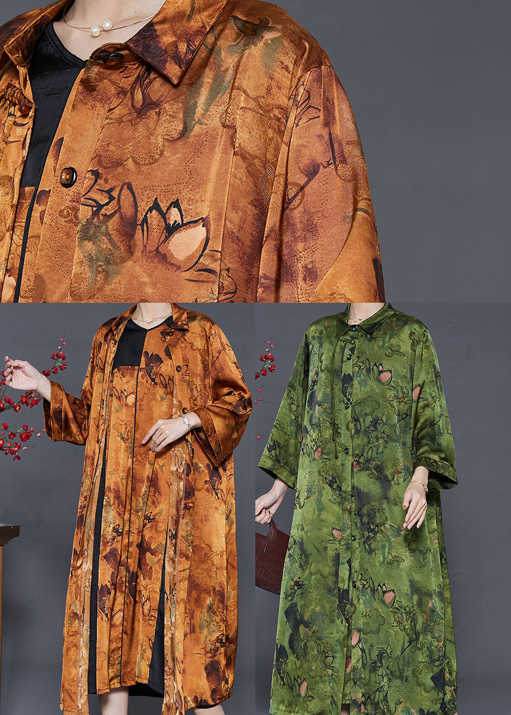 Boutique Green Oversized Print Silk Two Piece Set Clothing Spring