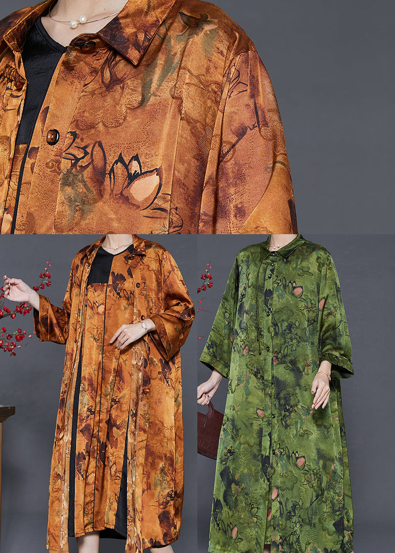 Boutique Green Oversized Print Silk Two Piece Set Clothing Spring