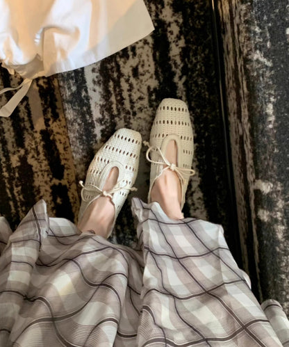French Beige Sheepskin Bow Splicing Hollow Out Sandals
