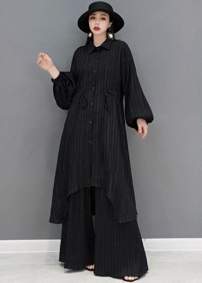 Style Black Drawstring Asymmetrical Cotton Long Shirt and Wide Leg Pants Two Pieces Set Spring