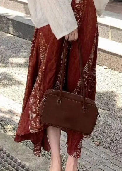 Red Asymmetrical Print Cotton Skirts Fall