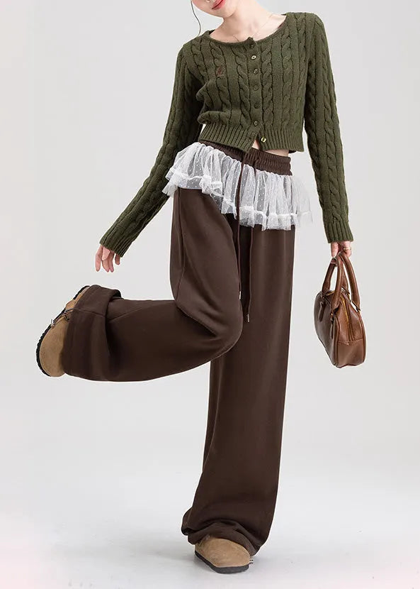 Brown Oversized Patchwork Lace Warm Fleece Pants Spring