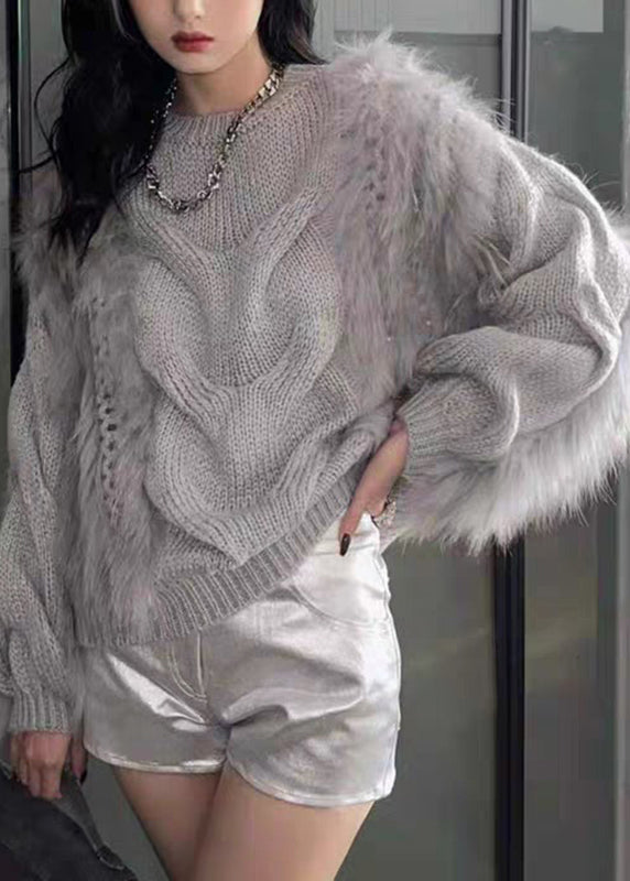 Yellow O-neck Fuzzy Fur Fluffy Cotton Cozy Knit Sweaters Fall