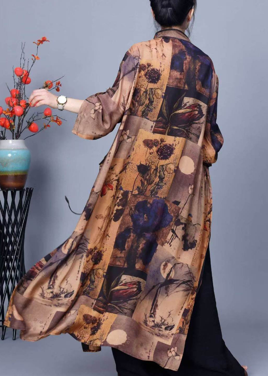 Stand Collar Print Side Open Silk Two Pieces Set Winter