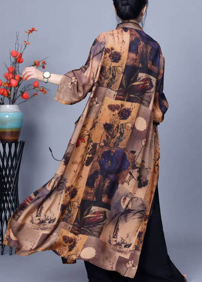 Stand Collar Print Side Open Silk Two Pieces Set Winter