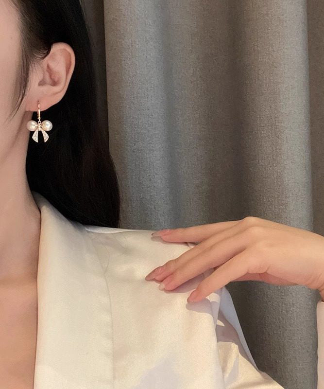Gold Copper Alloy Zircon Patchwork Bow Pearl Hoop Earrings