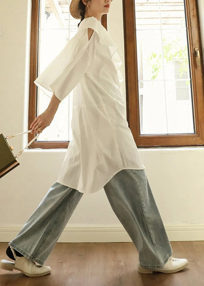 White Ruffled Asymmetrical Cotton Mid Dresses Fall