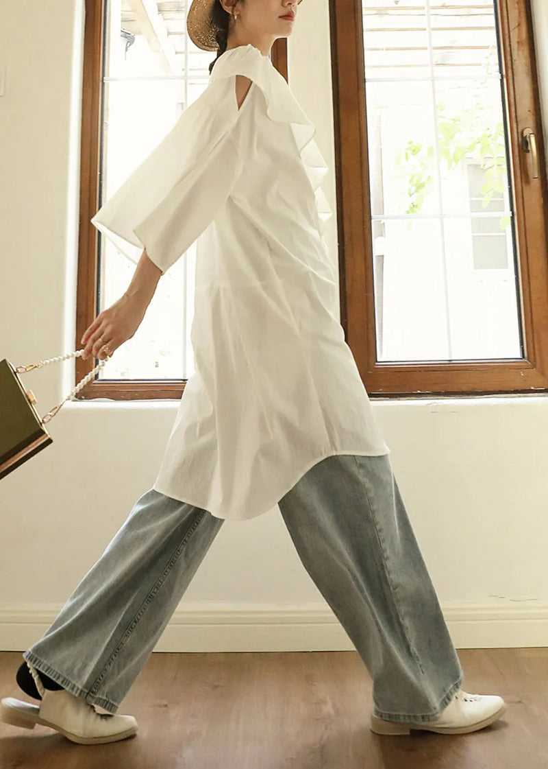 White Ruffled Asymmetrical Cotton Mid Dresses Fall