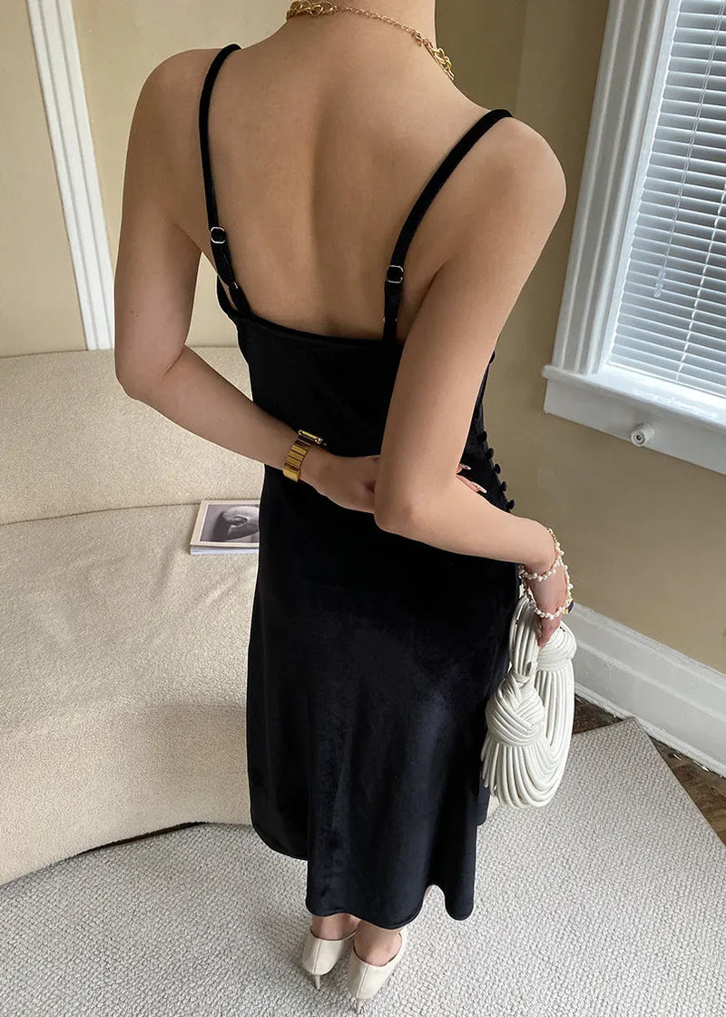 Black Silk Velour Spaghetti Strap Dress Cold Shoulder Summer