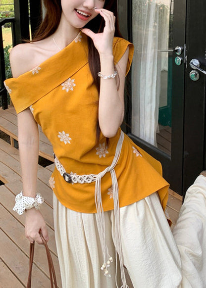 New Yellow Cold Shoulder Print Tops and Beige Wide Leg Pants Cotton Two Pieces Set Summer
