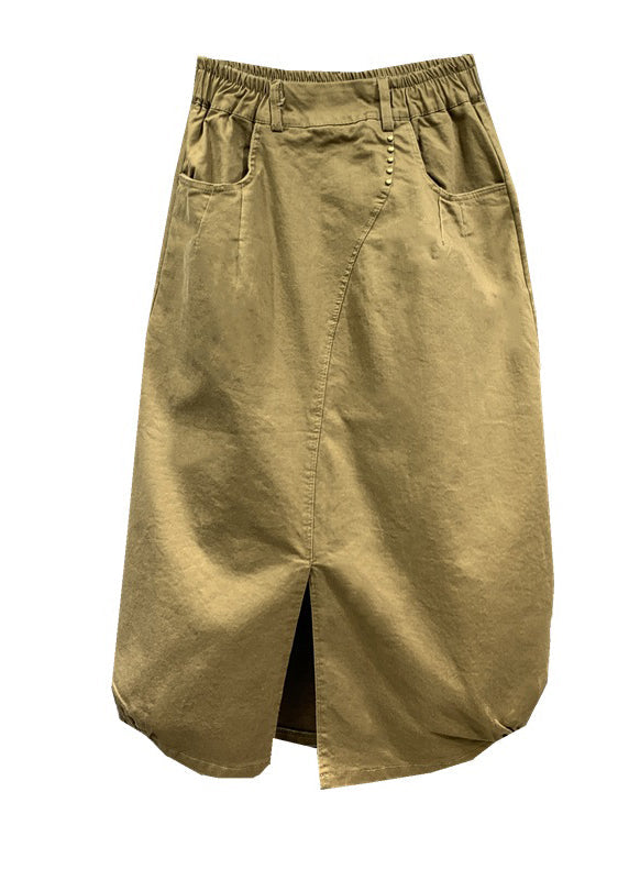 Khaki Wrinkled Pockets Patchwork Cotton Skirts Fall