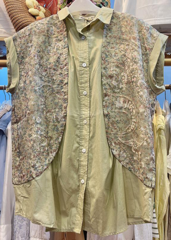 Khaki Peter Pan Collar Print Patchwork Cotton Shirt Top Summer
