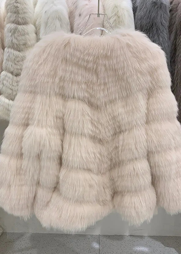 Light Pink V Neck Patchwork Leather and Fur Coats Winter