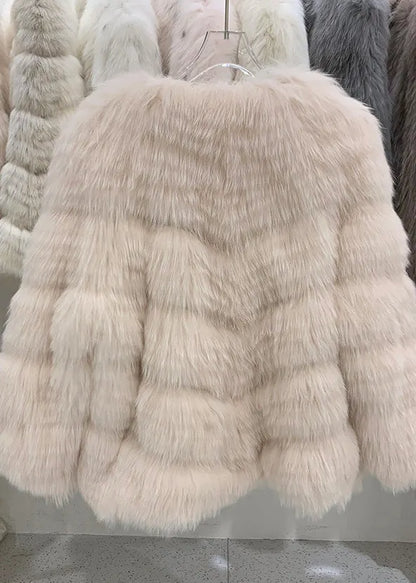 Light Pink V Neck Patchwork Leather and Fur Coats Winter