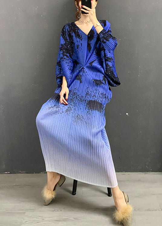 Blue V Neck Print Gradient Color Silk Dress Long Sleeve