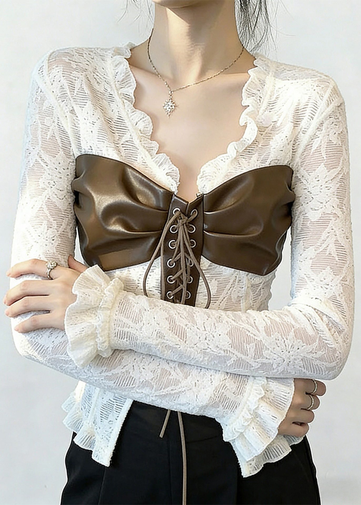White Patchwork Cross Strap Lace Top Spring
