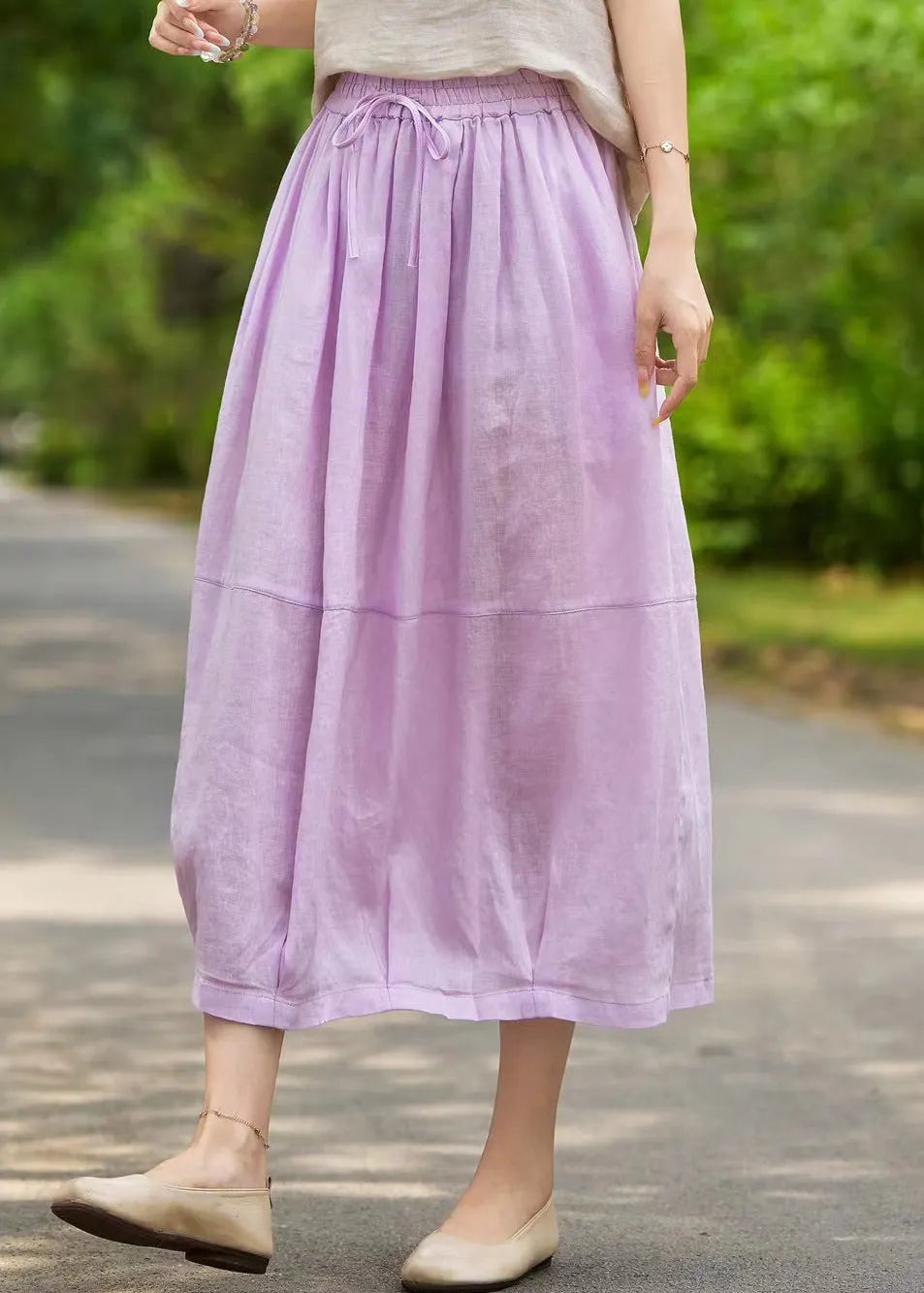 Purple Pockets Linen Summer Skirts Elastic Waist