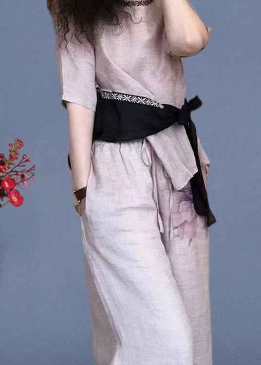 Original Printing Lace Up Top and Pants Two-piece Set for Summer