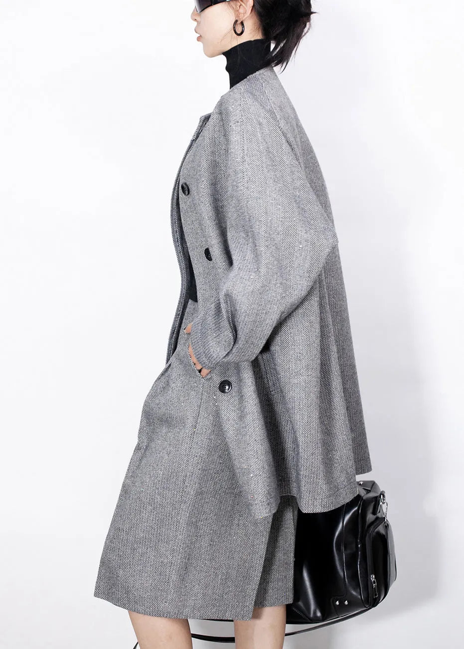Fine Grey Button Coat and High?waist Crop Pants Woolen Two Pieces Set Fall