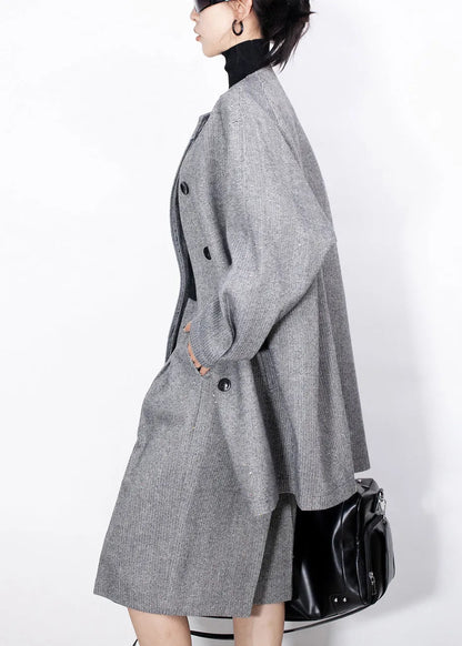 Fine Grey Button Coat and High?waist Crop Pants Woolen Two Pieces Set Fall