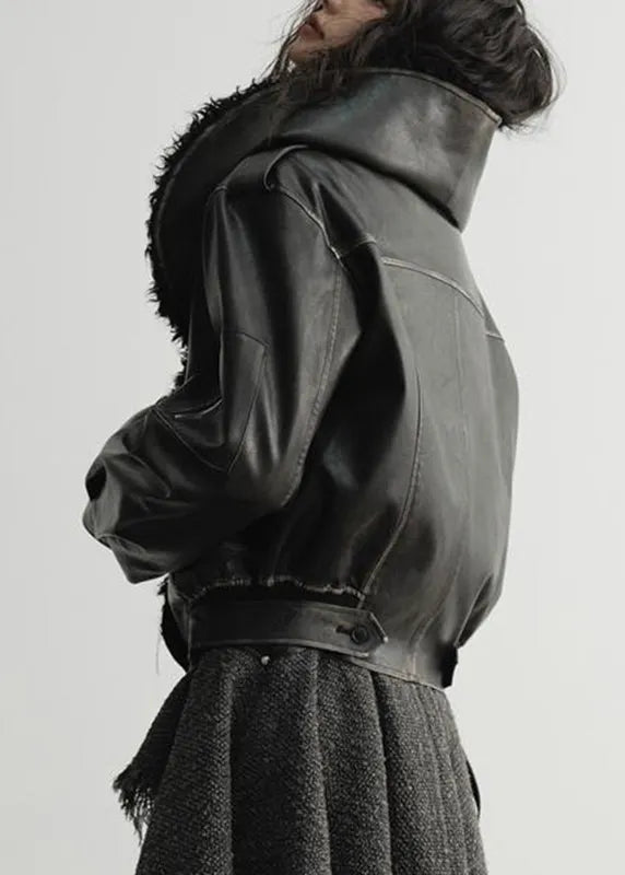 Black Fur Collar Pockets Faux Leather Coats Spring