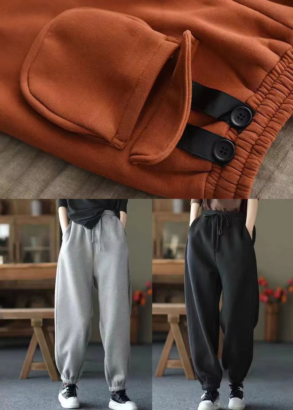 Black Pockets Elastic Waist Warm Fleece Pants Spring