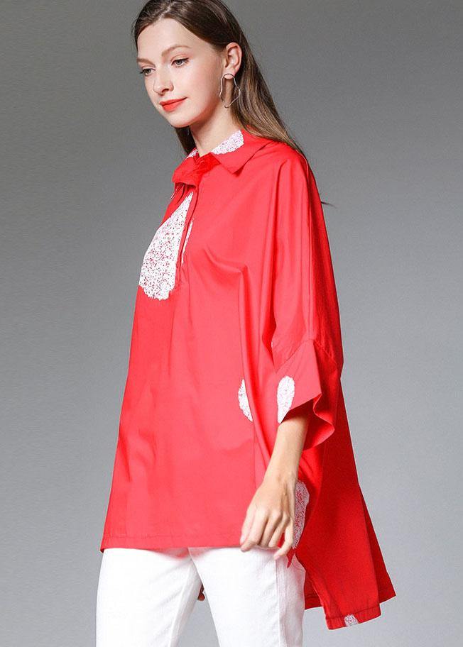 Classy Red Bat Wing Sleeve Dot Low High Design Fall Cotton Shirt Tops
