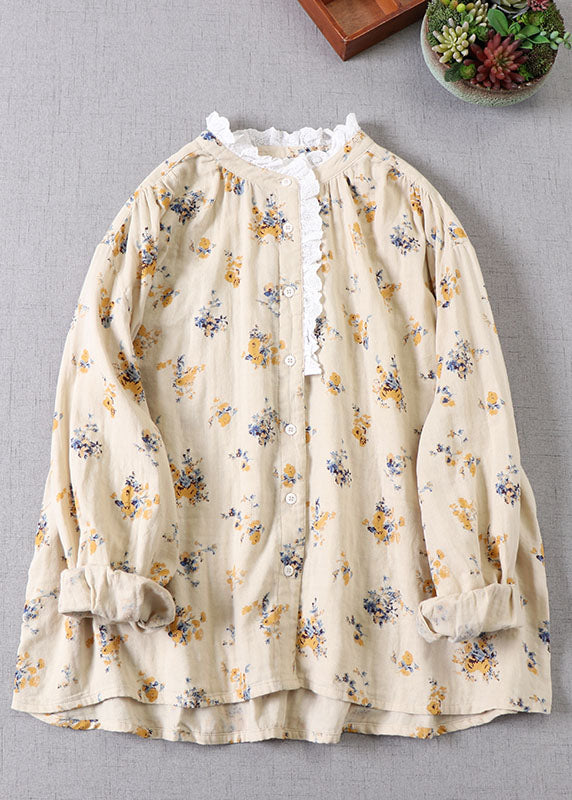 French Apricot Yellow Print Cotton Blouses Long Sleeve