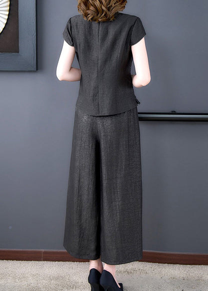 Boutique Black Print Tops and Pants Silk Two Pieces Set Spring