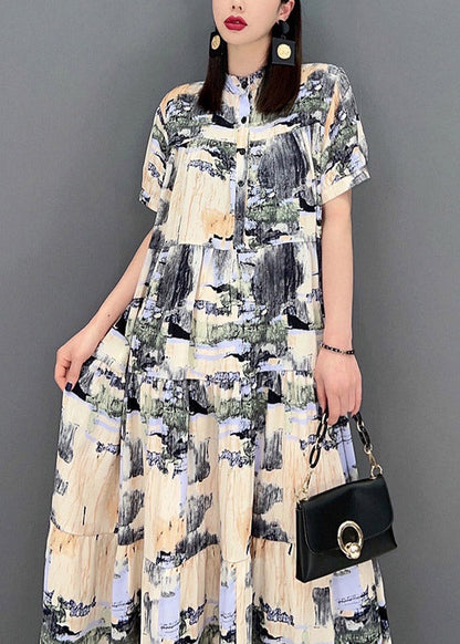 Stand Collar Button Print Patchwork Wrinkled Chiffon Long Dress Short Sleeve