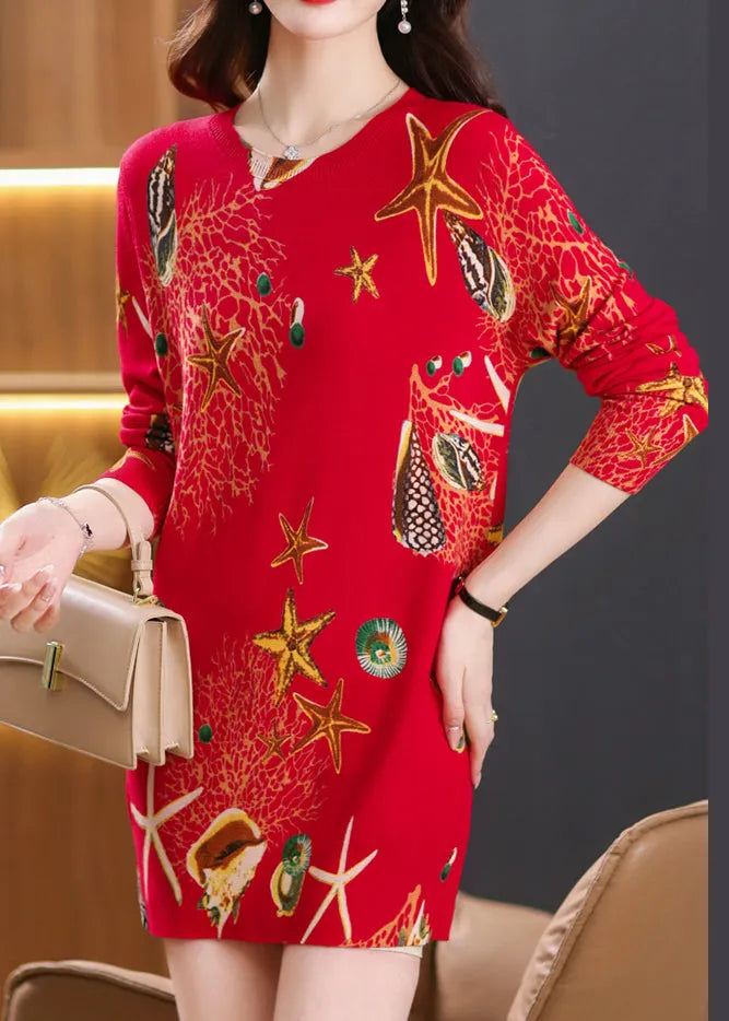 Red Print Woolen Mid Dress O Neck Spring