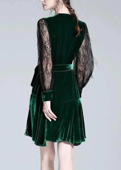 Green V Neck Tulle Patchwork Tie Waist Silk Velour Holiday Mid Dress Spring