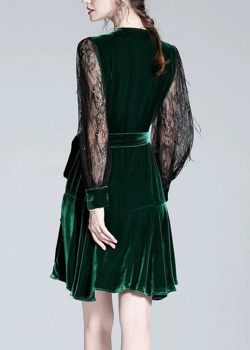 Green V Neck Tulle Patchwork Tie Waist Silk Velour Holiday Mid Dress Spring