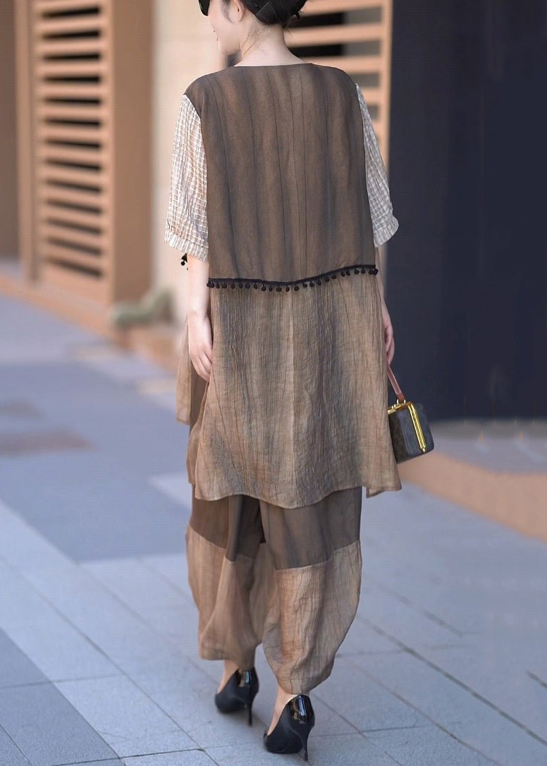 Coffee V Neck Low High Design Patchwork Silk Two Piece Set Half Sleeve