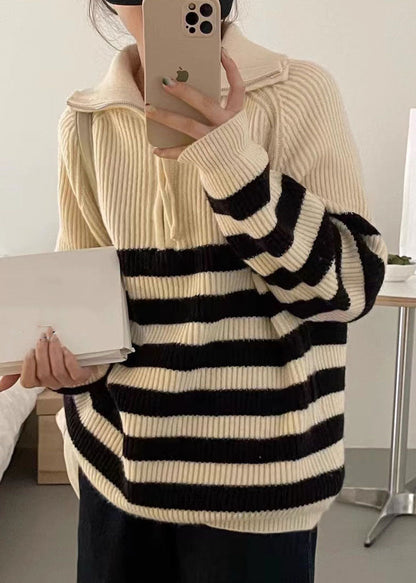 Black Stand Collar Striped Patchwork Thick Knit Pullover Long Sleeve