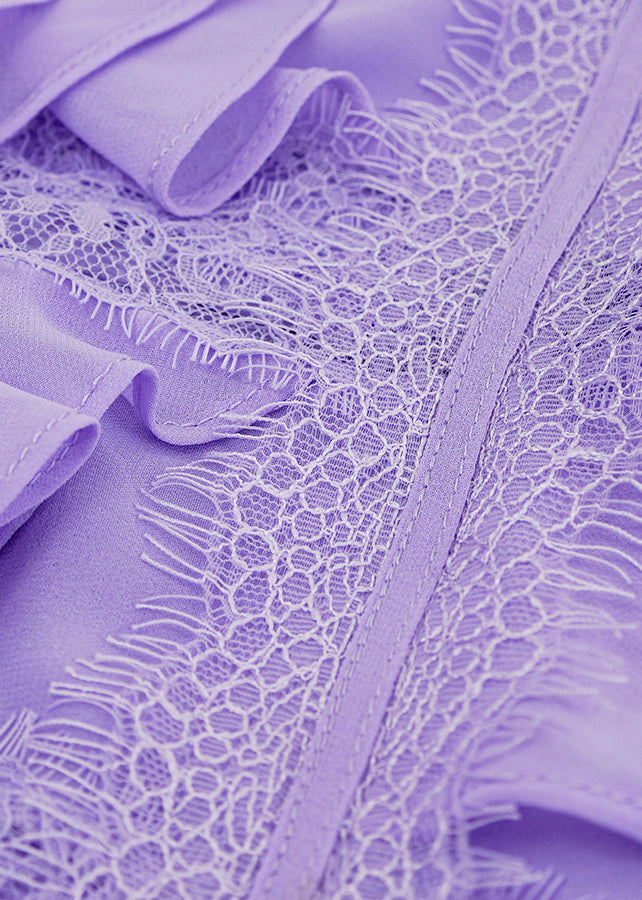 Purple V Neck Ruffled Lace Patchwork Silk Ankle Dress Summer