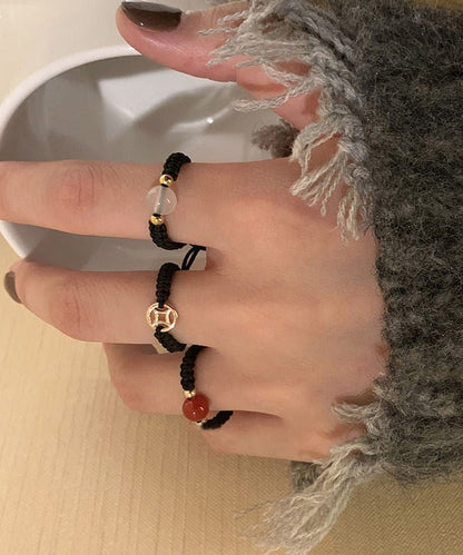 Handmade Black Weave Crystal Agate Copper Coin Rings Three-piece Set