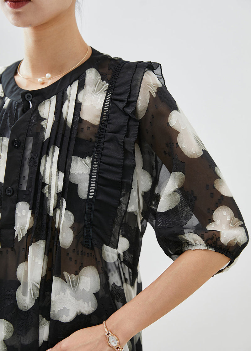 Diy Black Print Ruffled Patchwork Wrinkled Chiffon Two-piece Set Summer