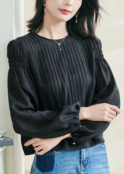 Original Design Black O-neck Wrinkled Top Fall