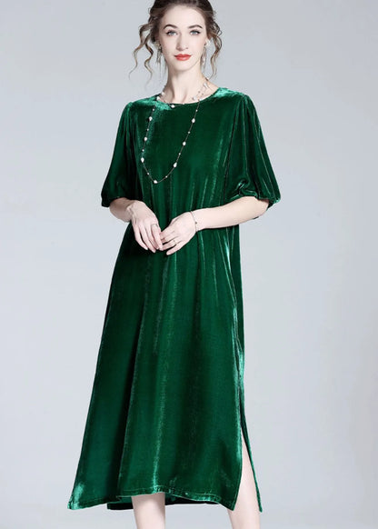 Modern Green O Neck Patchwork Side Open Silk Velour Dresses Summer