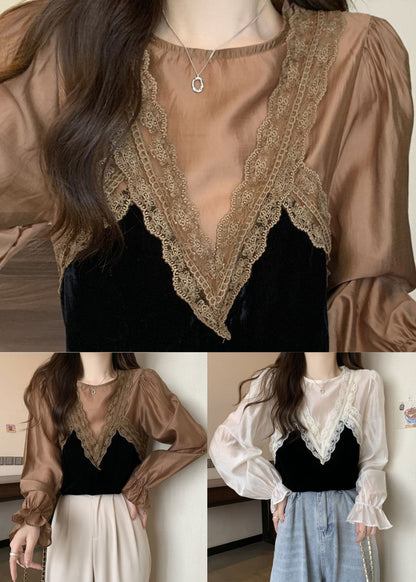 French White O-neck Lace Patchwork Silk Velour Blouse Tops Spring