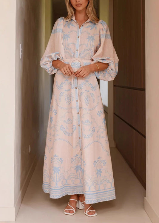 Blue Print Maxi Linen Dresses Lantern Sleeve Fall
