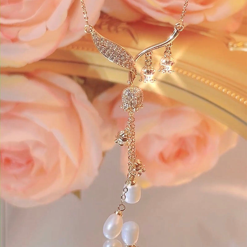Gold Sterling Silver Overgild Pearl Zircon Bell Orchid Tassel Pendant Necklace