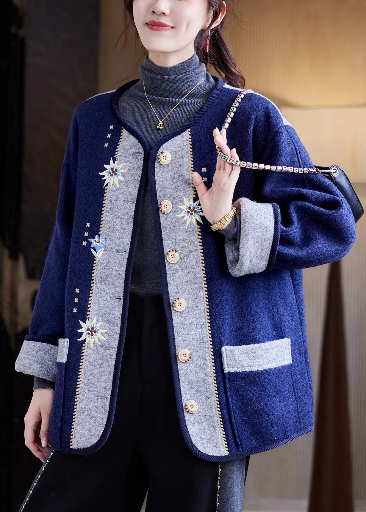 Navy Embroidered Button Woolen Coats Fall