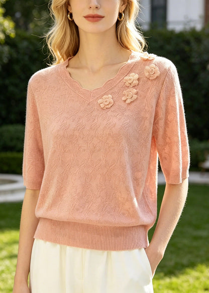 Pink Jacquard Knit Shirt Top Stereoscopic Summer