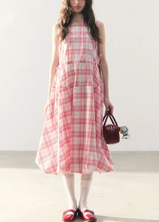 Pink Plaid Lace Up Cotton Long Dress Zippered Summer