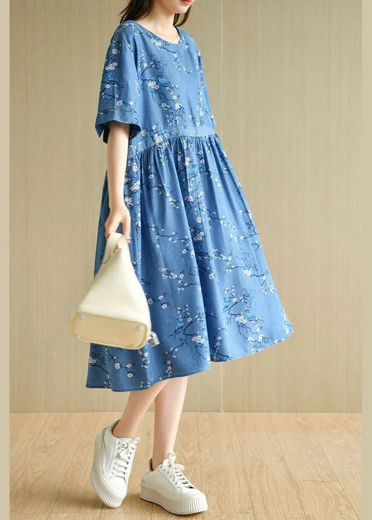 Modern Denim Blue O-neck Print Summer Cotton Dress Short Sleeve