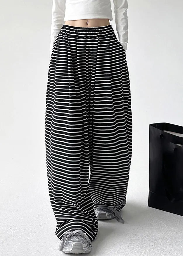 Natural Black White Striped Pockets Elastic Waist Wide Leg Pants Spring