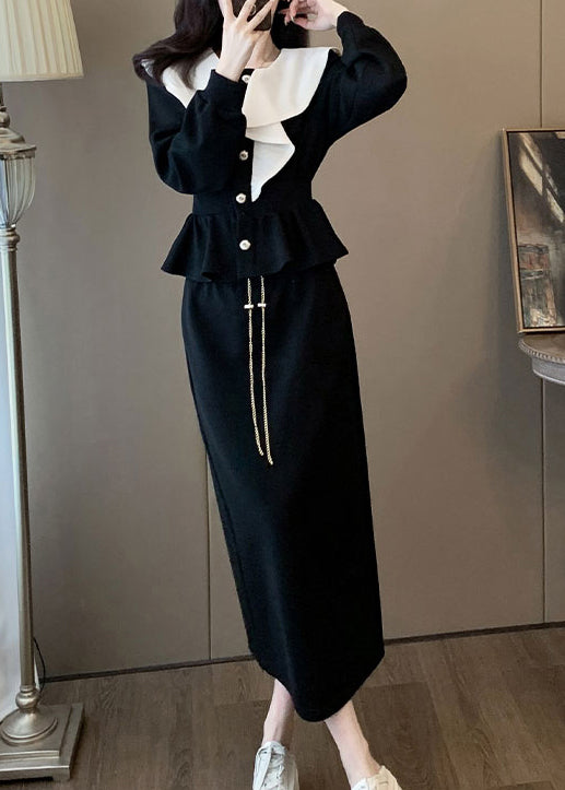 Stylish Black Ruffled Tops and Skirts Elastic Waist Cotton Two Pieces Set Spring